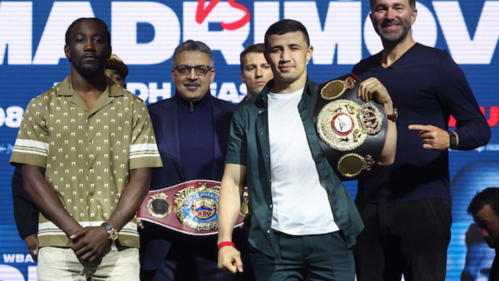 Terrence Crawford (Left) and Israil Madrimov (Right) coming face to face for their launch press conference in April