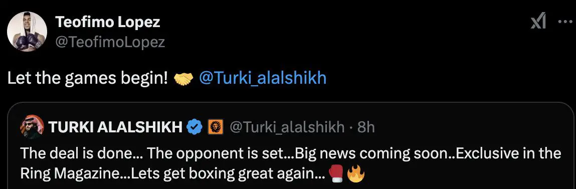 Teofimo Lopez tweets in response to Turki Alalshikh