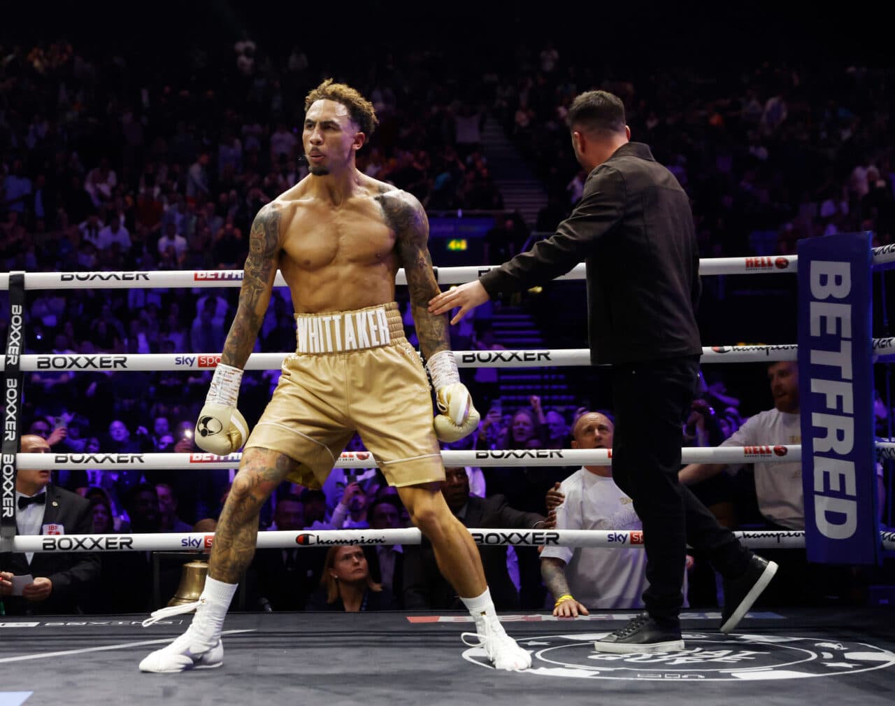 Ben Whittaker celebrates stoppage win against Liam Cameron.