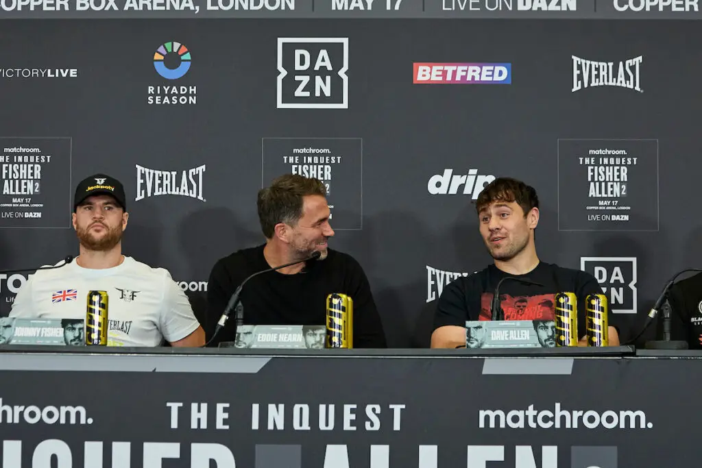 Johnny Fisher vs Dave Allen 2 Fight Time and Undercard 2 Johnny Fisher, Dave Allen and Eddie Hearn at the press conference for the rematch credit Mark Robinson Matchroom Boxing
