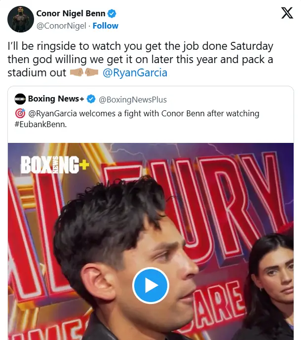 Ryan Garcia Embraces Huge Bout With British Welterweight After 12-Month Suspension 3 Image of Conor Benn responding to Ryan Garcia