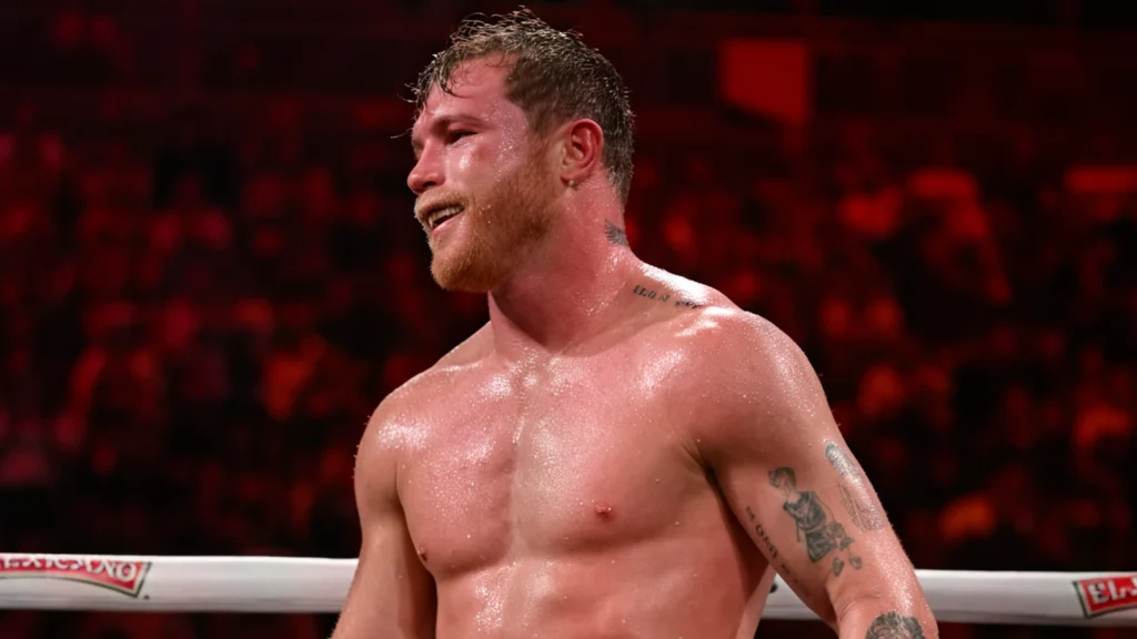 Canelo Alvarez in the ring during a fight with swealing on his face