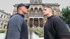 Fabio Wardley fight vs Justis Huni at Cornhill, outside Ipswich Town Hall, Ipswich, England on 4th June 2025. Queensberry Promotions. Credit Leigh DawneyQueensberry.