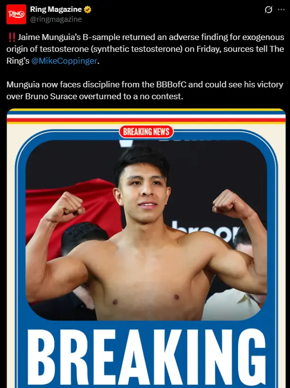 Jaime Munguia Fails B Sample Drug Test After Surace Fight 2 Image of the announcement by The Ring on x.com
