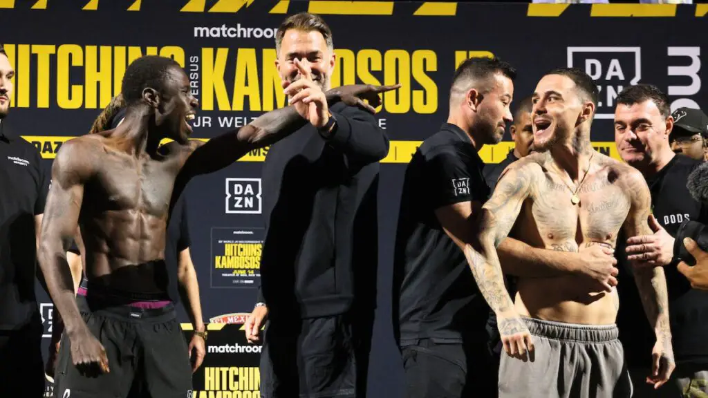 How to Watch Hitchins vs Kambosos, Start Times and Stream Details 2 Richardson Hitchins and George Kambosos Jr getting heated at their weigh in. credit Geoffrey Knott Matchroom Boxing