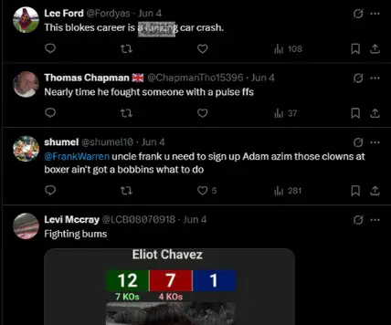 Adam Azim Next Fight Underwhelms As Fans Say His Career is a 'Car Crash' 4 Further comments made of unhappy fans under the post of Everything Boxing on X.com