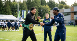 David Benavidez visits Seattle Seahawks, exchanges shadowboxing tips with Derick Hall