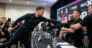 Chase De Moor rushes Aleks Petrovic at press conference for Saturday's Ostermann Arena bout